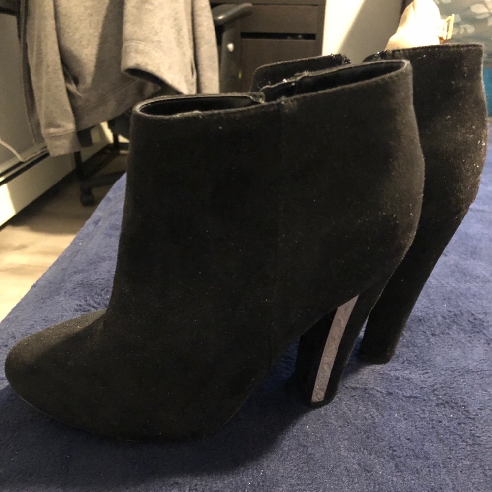 black ankle booties with silver heel